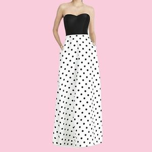 NEW Dessy Alfred Sung polka dot black and white long maxi dress sateen twill
